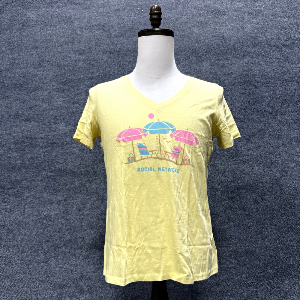 Life Is Good Women's Medium V-Neck Social Network Beach T-Shirt Yellow